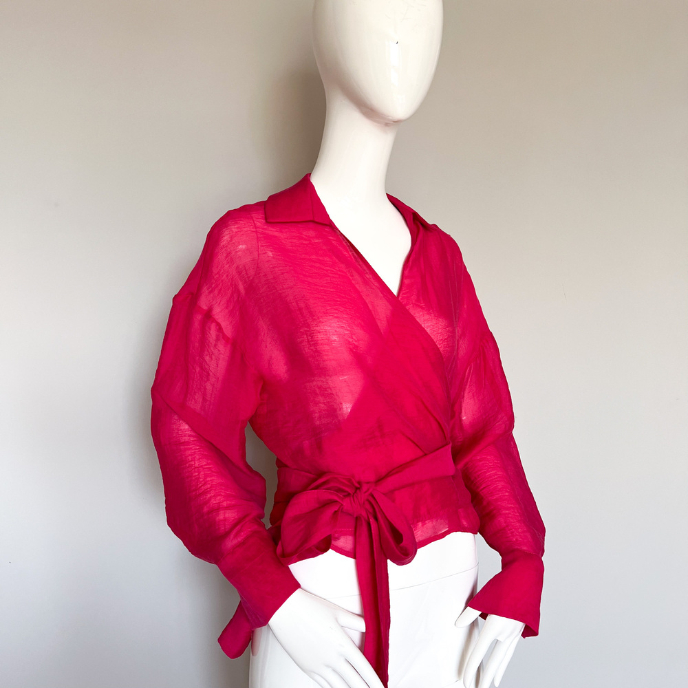 ZARA Dark Fuchsia Tied Wrap Blouse Sheer Crop Top Magenta Pink M